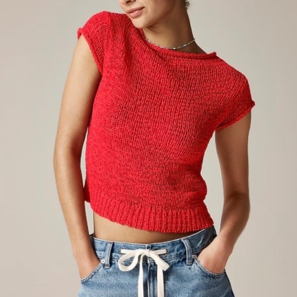 J.Crew Womens BZ511 Open Knit Short Sleeve Sweater Top Red XS NWT